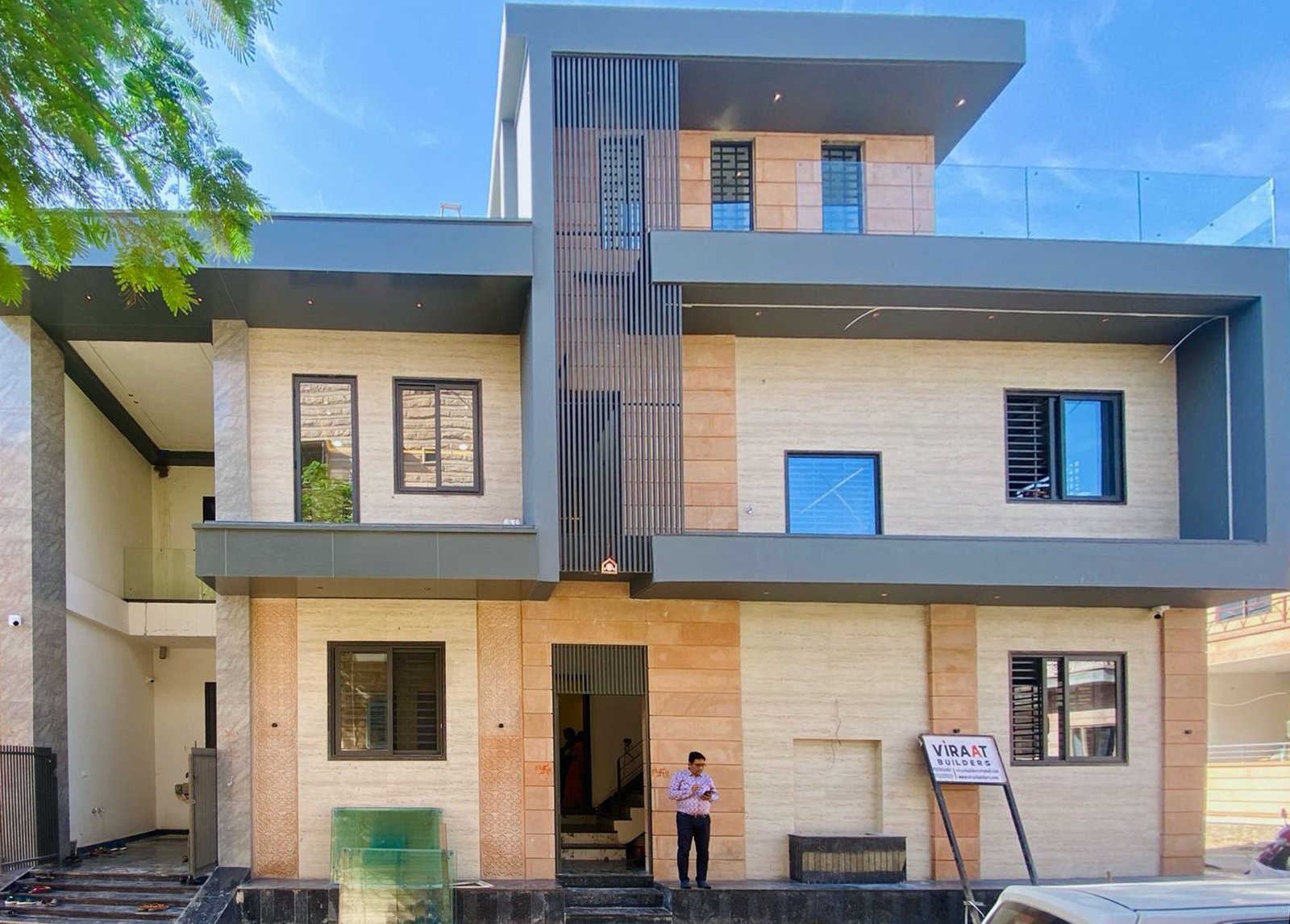 Modern house exterior with large windows
