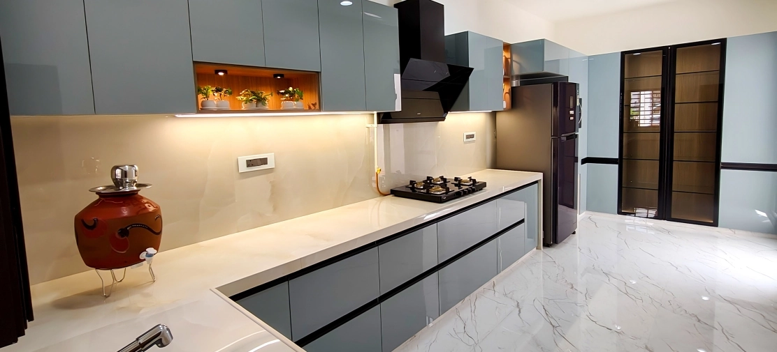 Modern living space with black sofa and wooden table