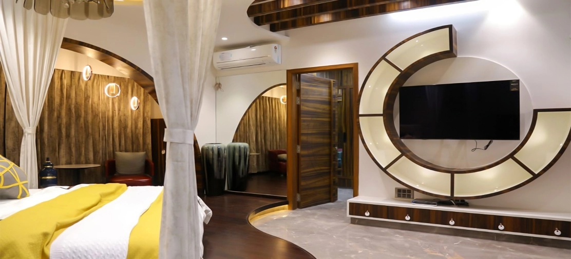 Elegant living room with plants and wooden furniture